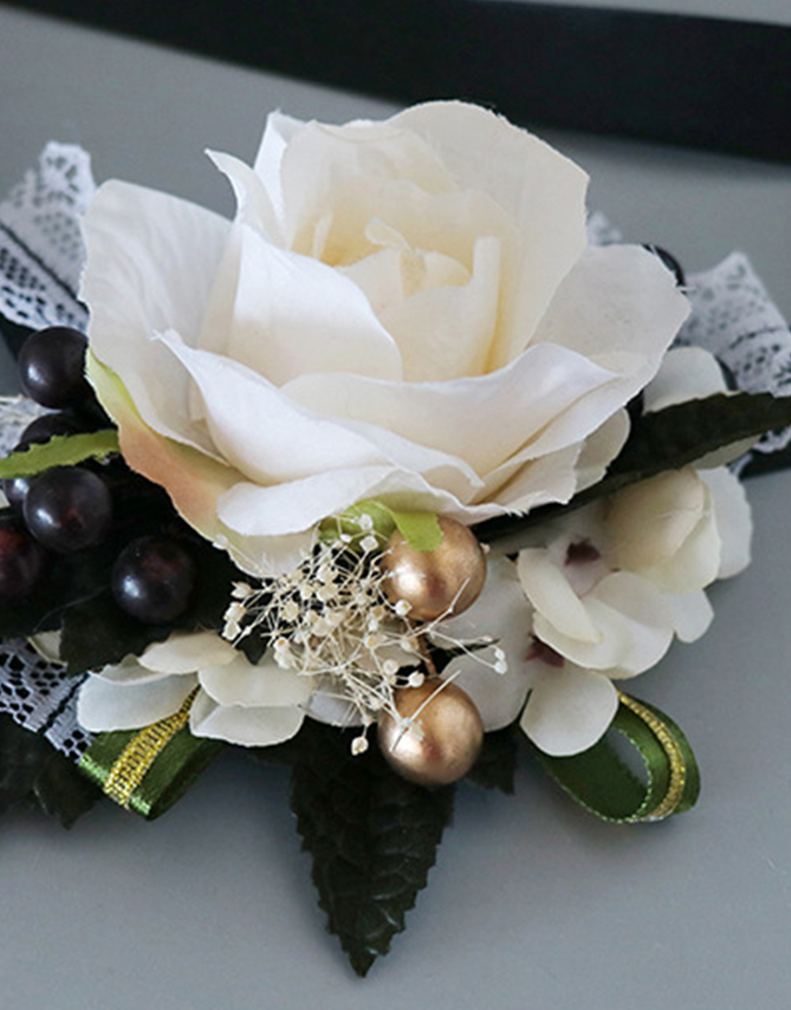 Black White Flower Homecoming Wrist Corsage And Boutonniere Set with Ribbon