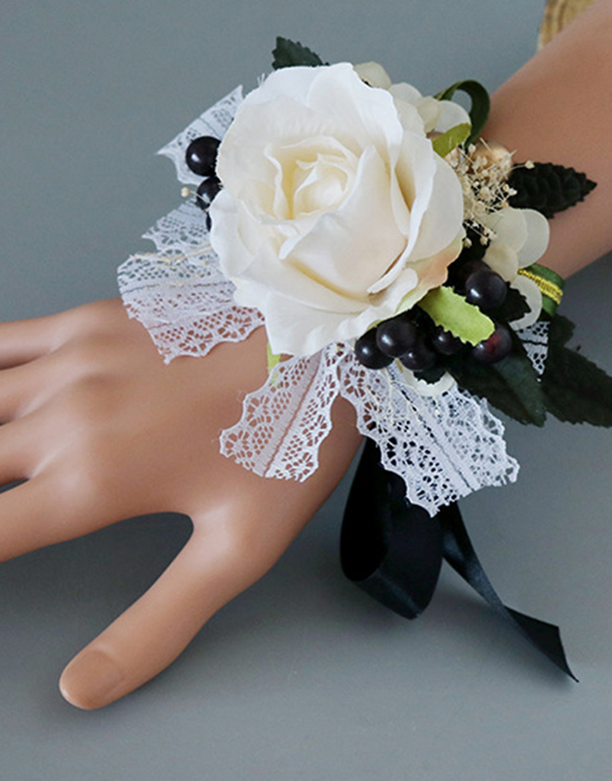 Black White Flower Homecoming Wrist Corsage And Boutonniere Set with Ribbon