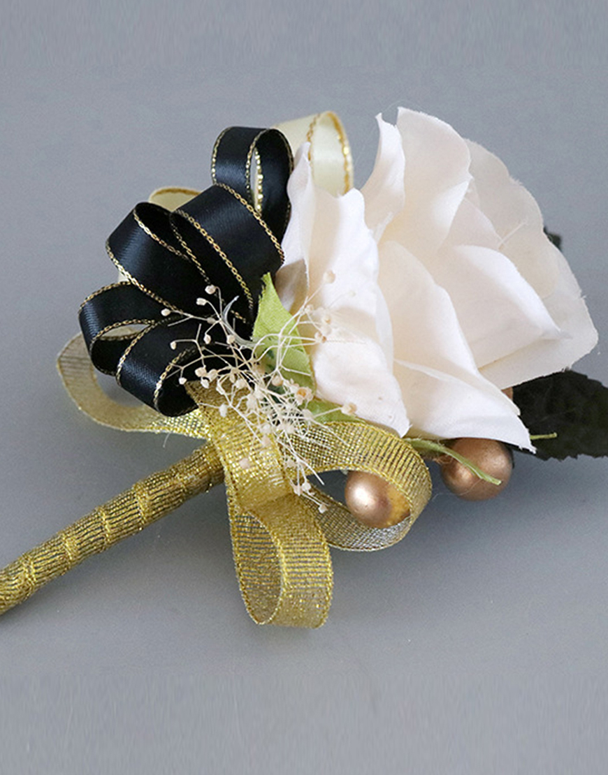 Black White Flower Homecoming Wrist Corsage And Boutonniere Set with Ribbon