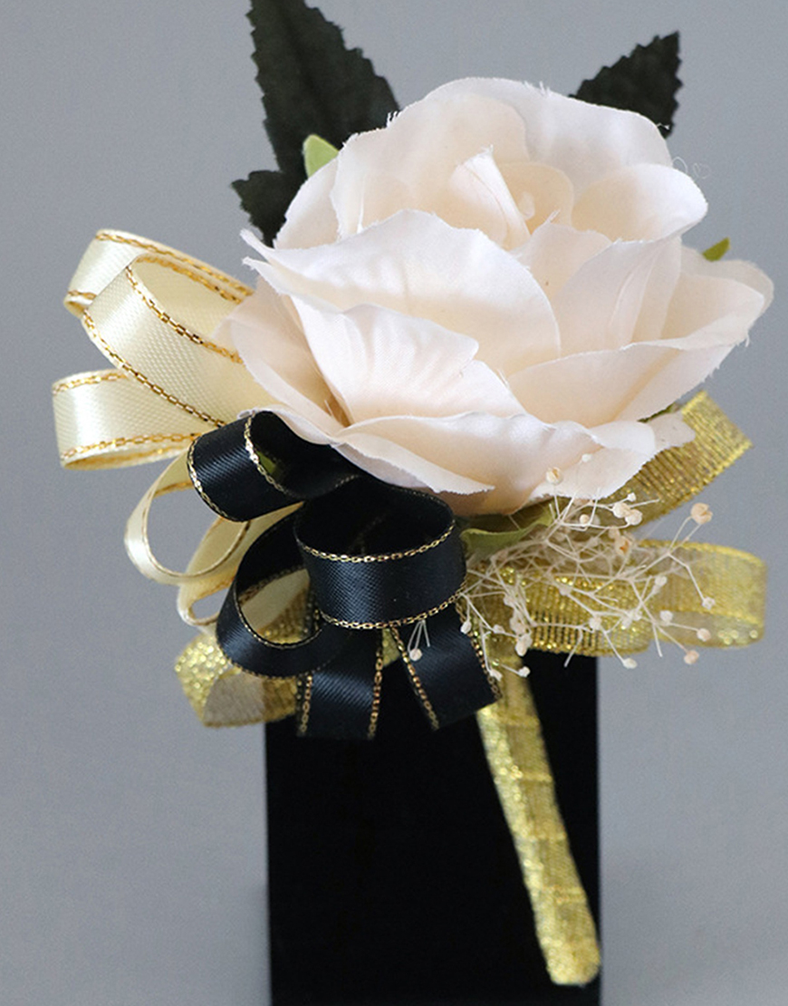 Black White Flower Homecoming Wrist Corsage And Boutonniere Set with Ribbon