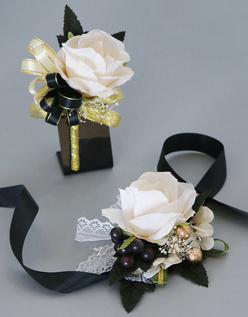 Black White Flower Homecoming Wrist Corsage And Boutonniere Set with Ribbon