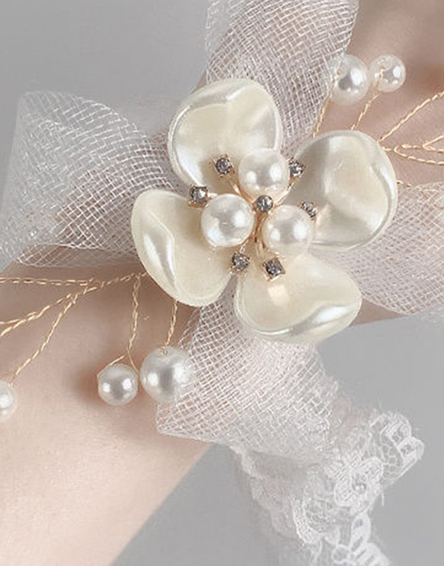 White Pearls Flower Wrist Corsage with Lace Ribbon