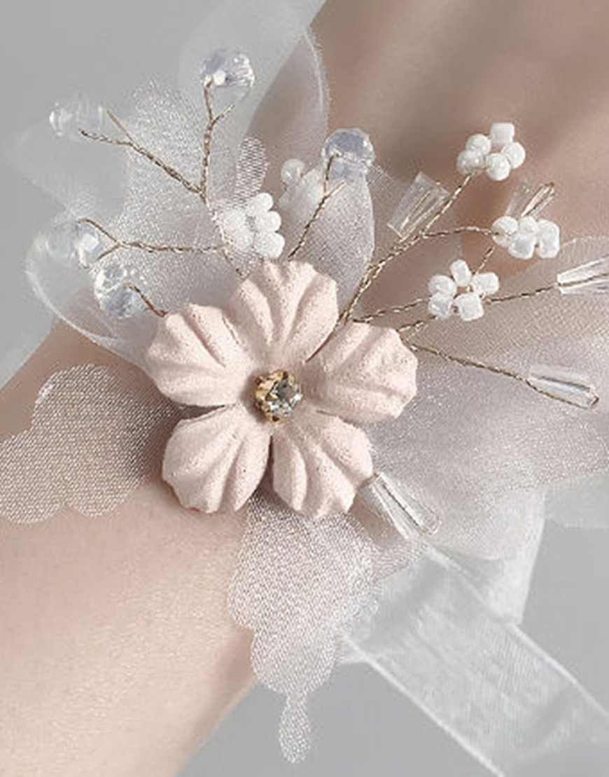 Blush Butterfly Cherry Flower Wrist Corsage with Ribbon