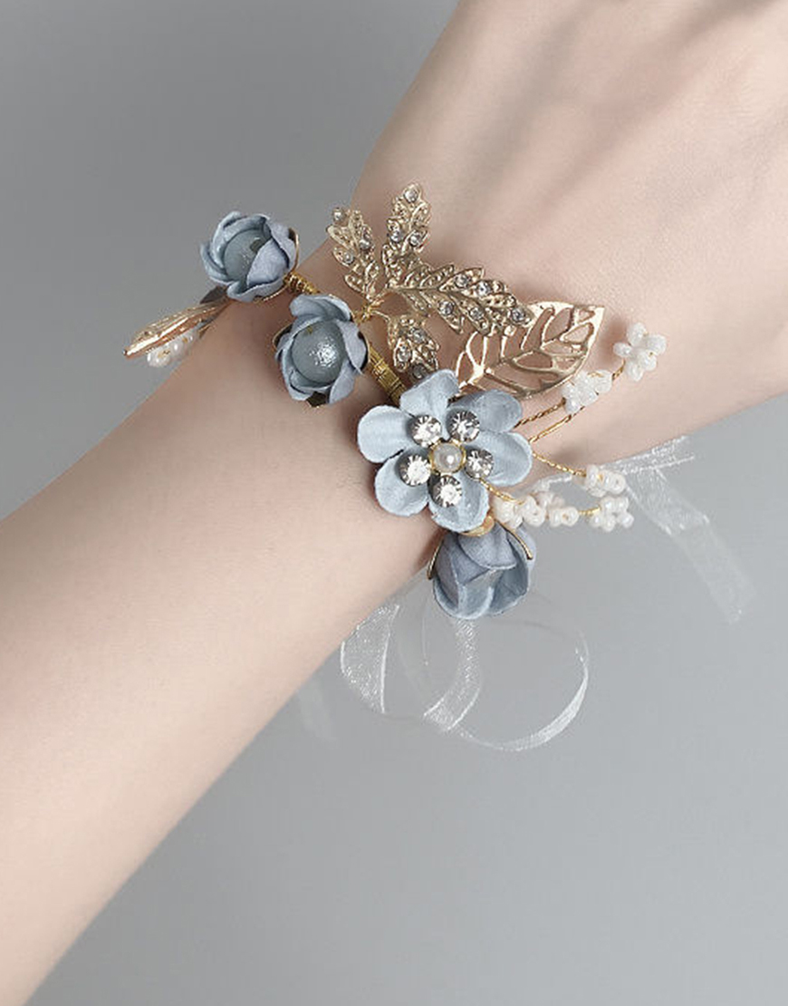 Glitter Blue Beaded Flowers Wrist Corsage with Ribbons