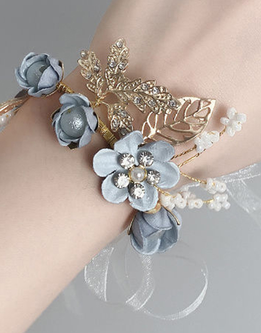 Glitter Blue Beaded Flowers Wrist Corsage with Ribbons