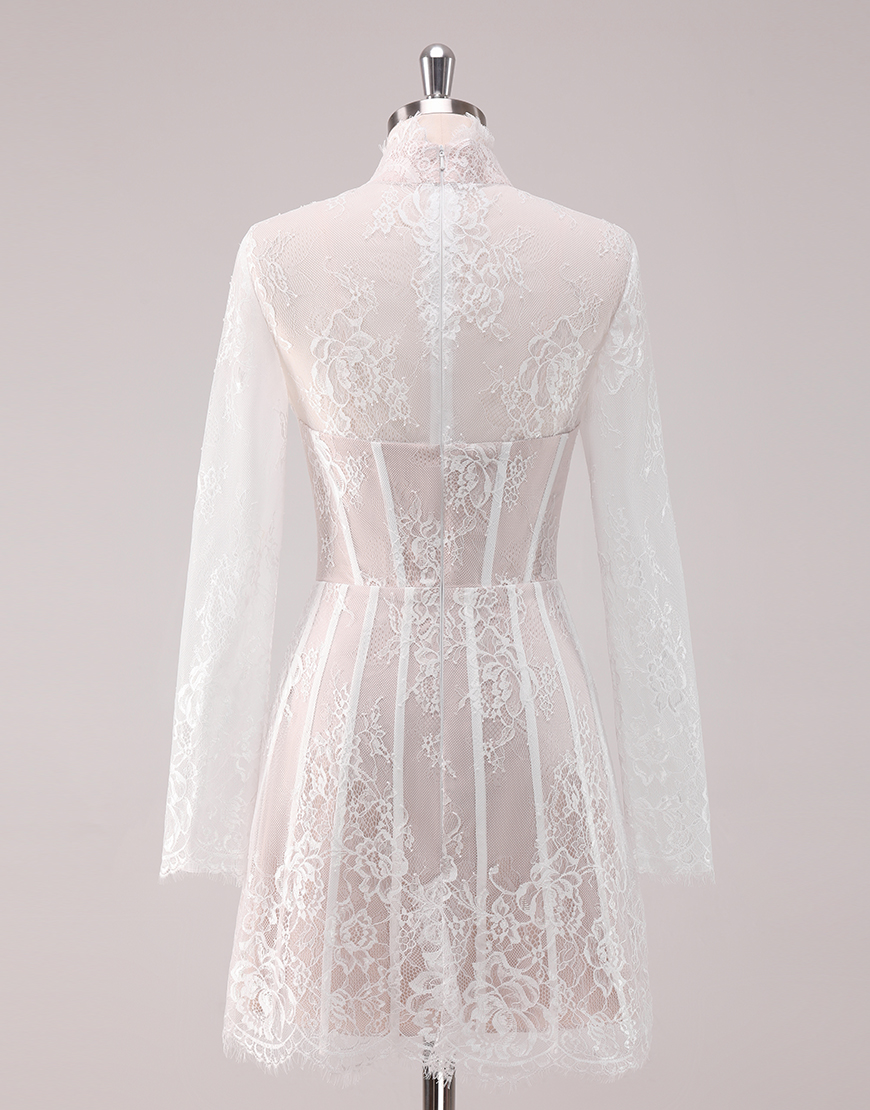 White A-Line Lace Hight Neck Long Sleeves Homecoming Dress