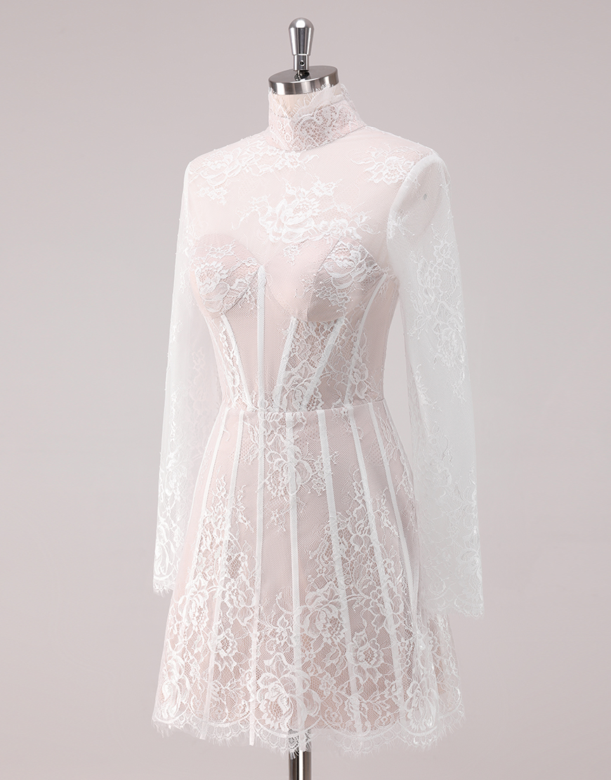 White A-Line Lace Hight Neck Long Sleeves Homecoming Dress