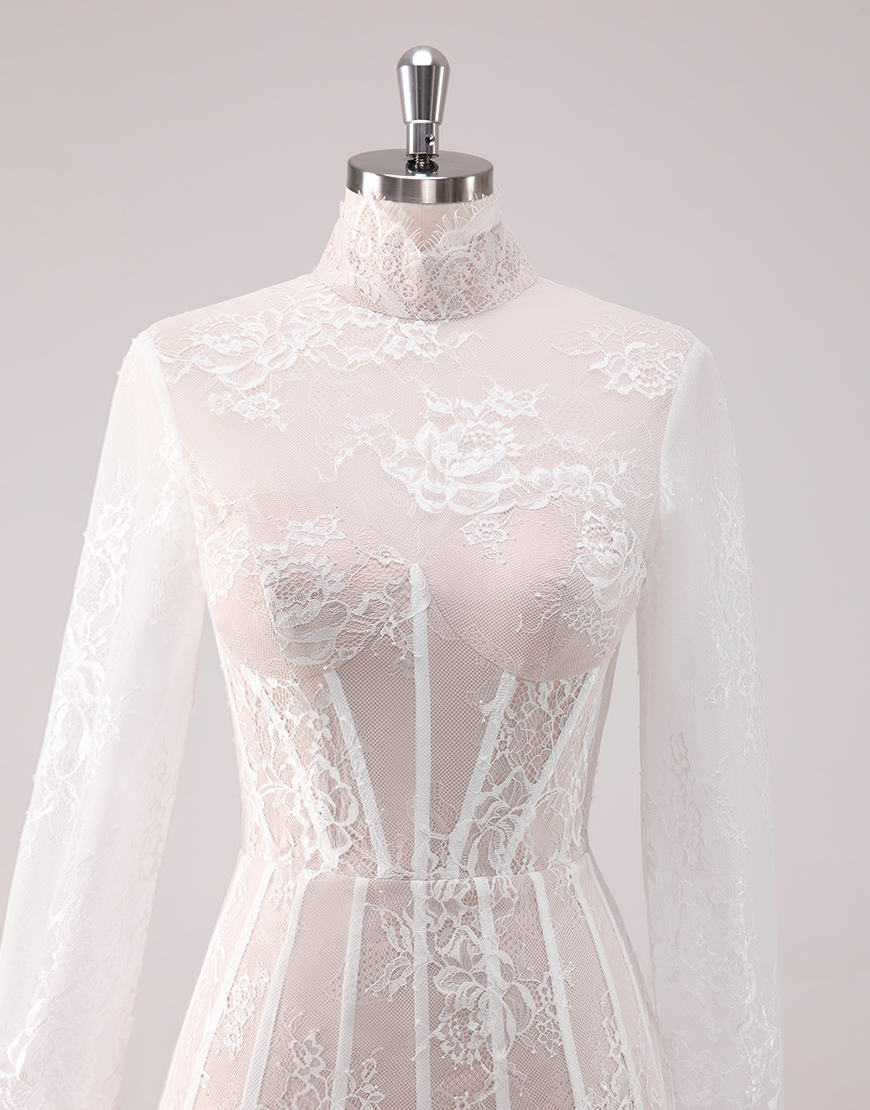 White A-Line Lace Hight Neck Long Sleeves Homecoming Dress