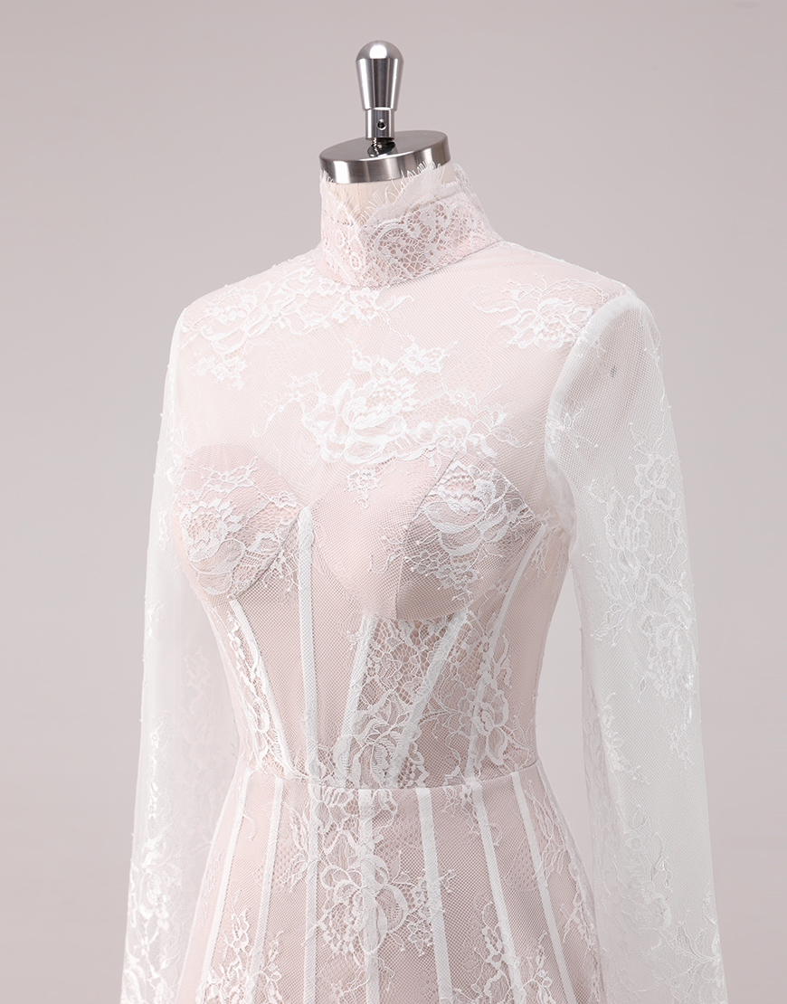 White A-Line Lace Hight Neck Long Sleeves Homecoming Dress