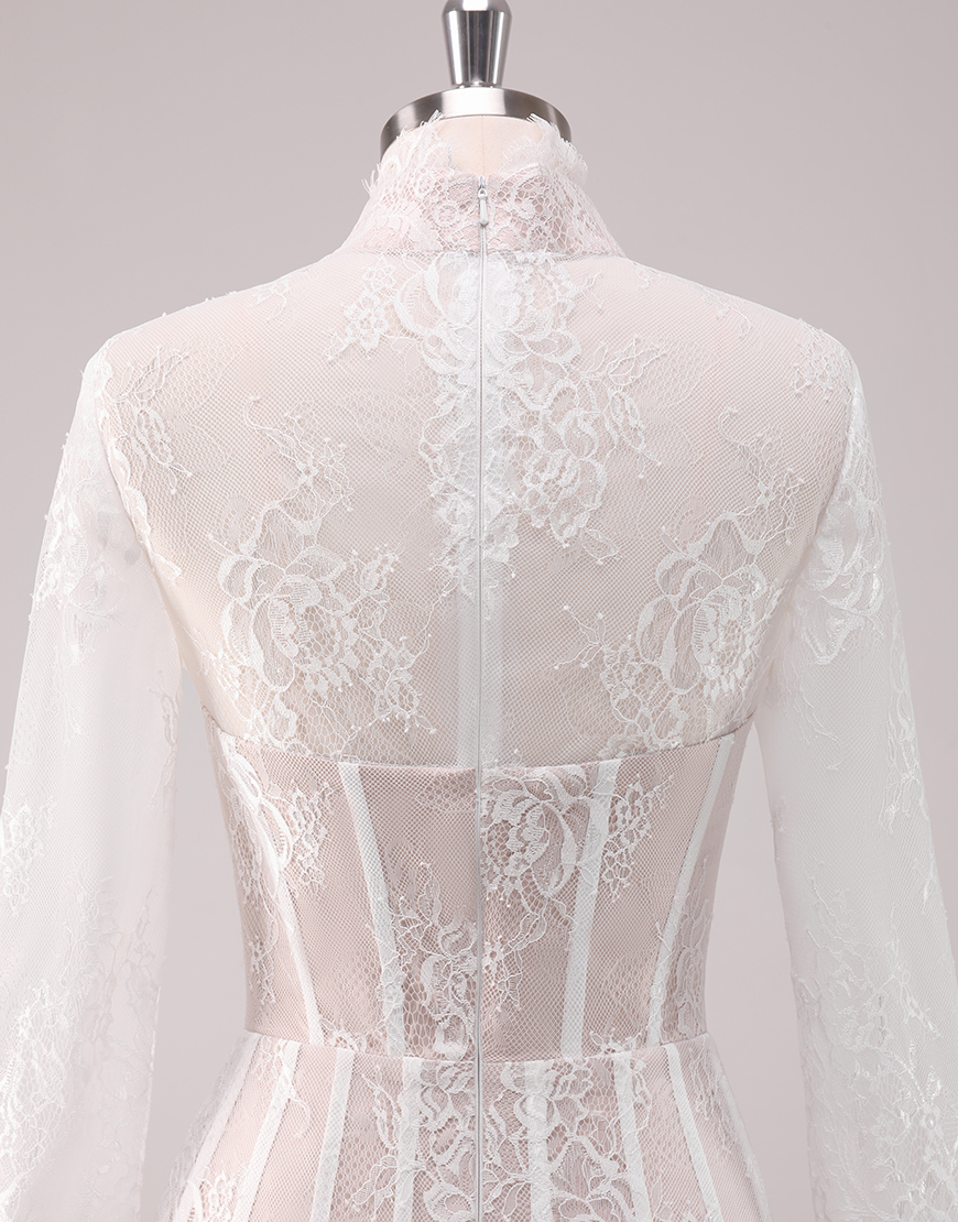 White A-Line Lace Hight Neck Long Sleeves Homecoming Dress