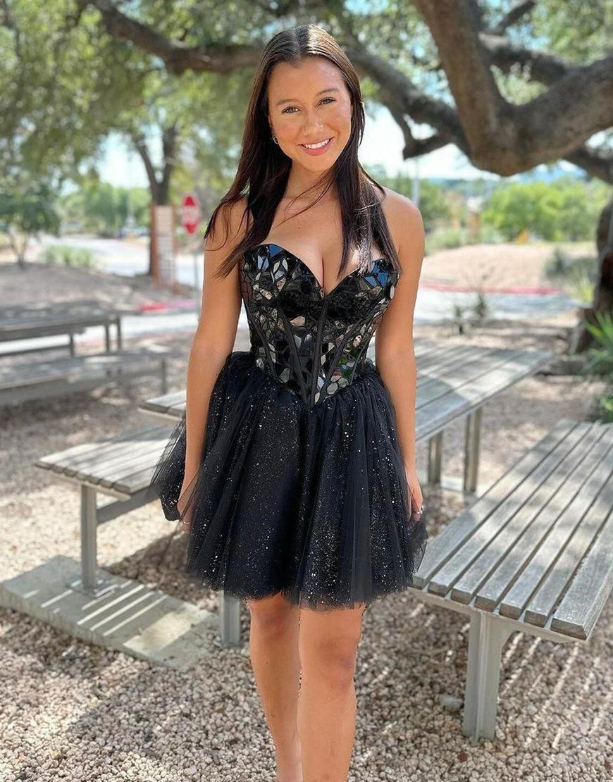 Sparkly Champagne A-Line Strapless Tiered Mirror Homecoming Dress