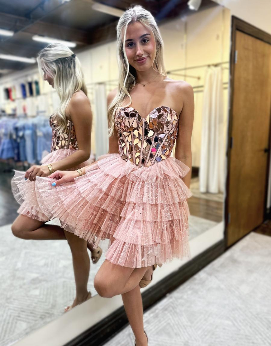 Sparkly Turquoise A-Line Strapless Tiered Mirror Homecoming Dress