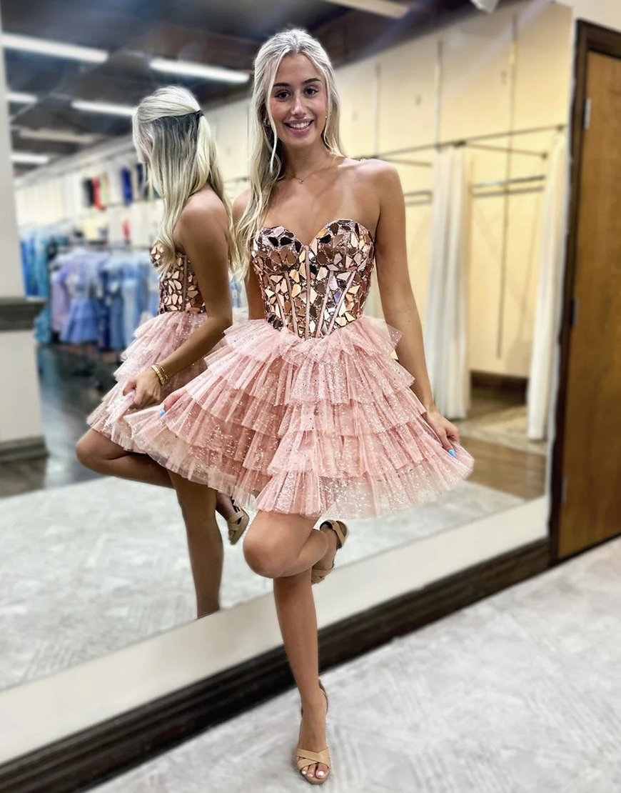 Sparkly Turquoise A-Line Strapless Tiered Mirror Homecoming Dress