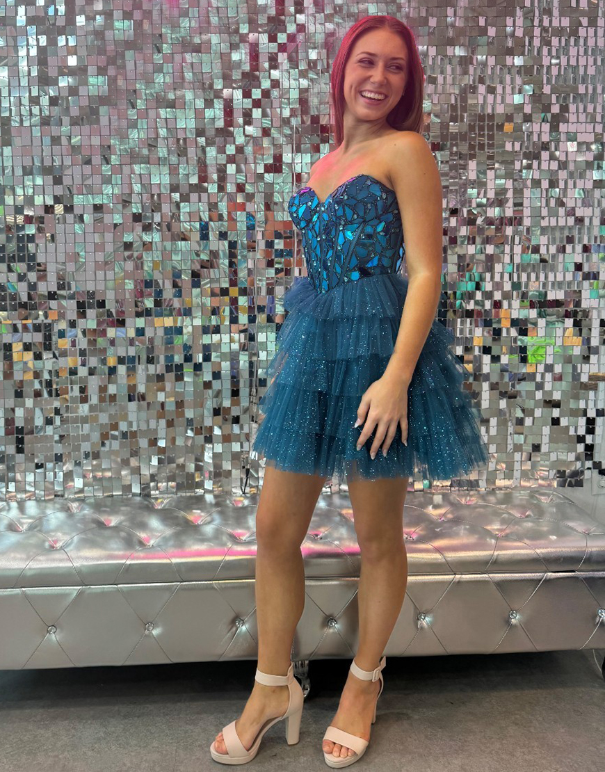 Sparkly Champagne A-Line Strapless Tiered Mirror Homecoming Dress