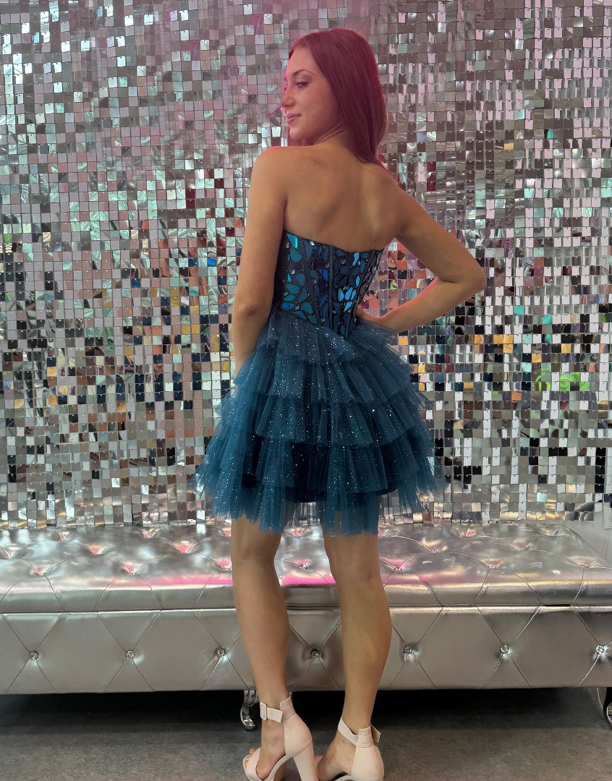 Sparkly Champagne A-Line Strapless Tiered Mirror Homecoming Dress