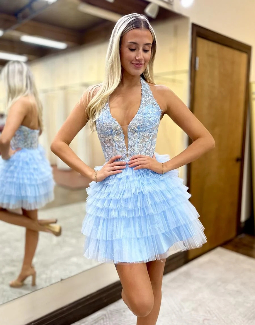 Sparkly Light Blue A-Line Halter Beaded Appliques Tiered Homecoming Dress