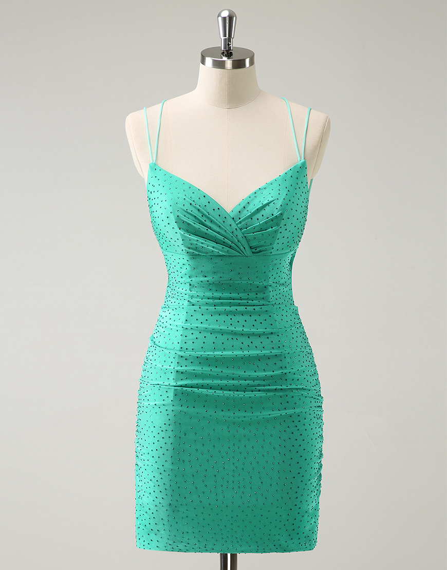 Sparkly Green Beaded Spaghetti Straps Tight Homecoming Dress
