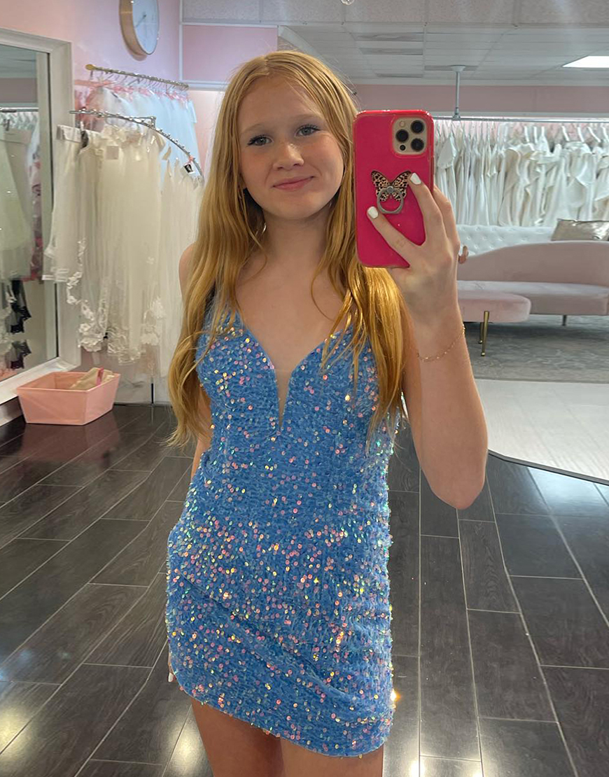 Sparkly Blue Tight Sequins V Neck Lace-Up Homecoming Dress 