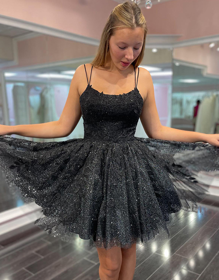 Sparkly Black A-Line Spaghetti Straps Homecoming Dress with Appliques