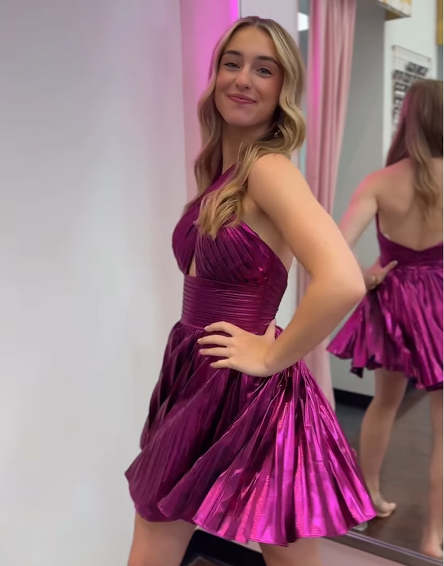 Metallic Golden A-Line Halter Homecoming Dress