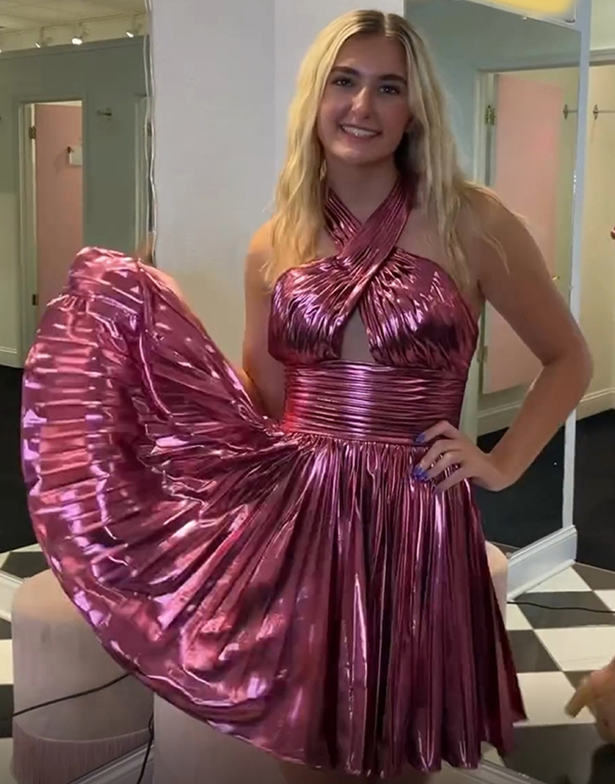 Metallic Golden A-Line Halter Pleats Homecoming Dress