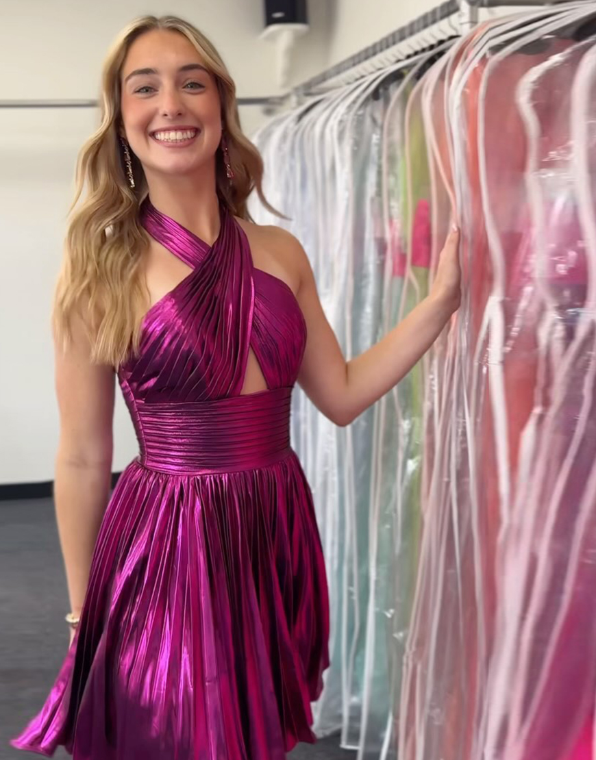 Metallic Golden A-Line Halter Homecoming Dress