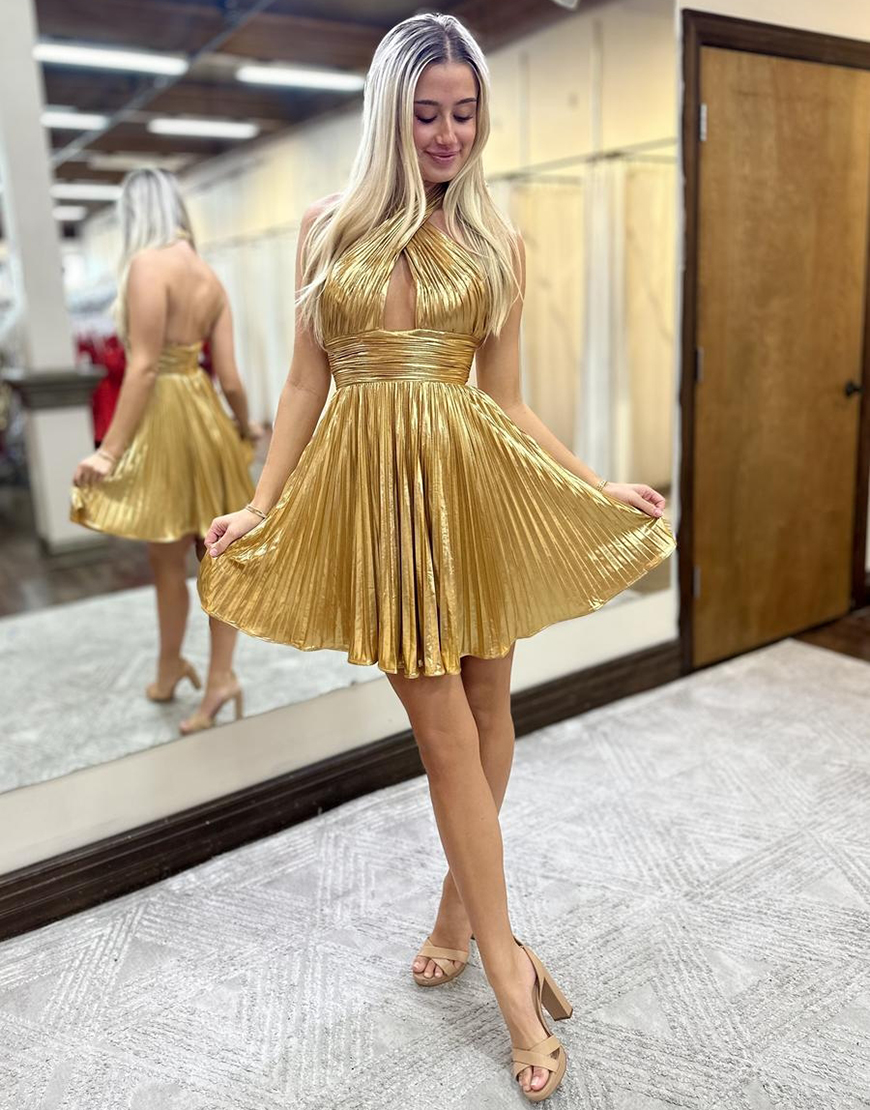 Metallic Golden A-Line Halter Pleats Homecoming Dress