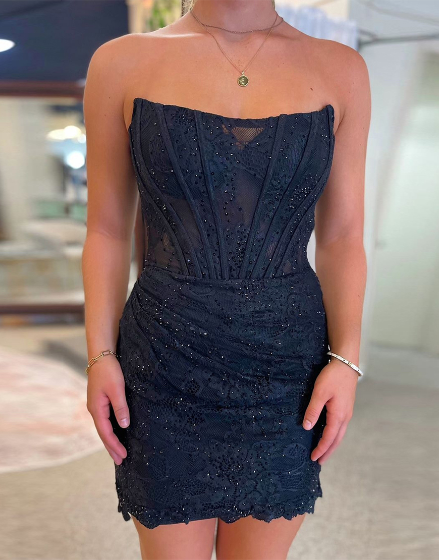 Sparkly Black Beaded Tight Strapless Lace Homecoming Dress