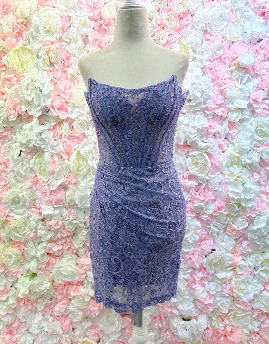 Sparkly Pink Beaded Tight Strapless Lace Homecoming Dress