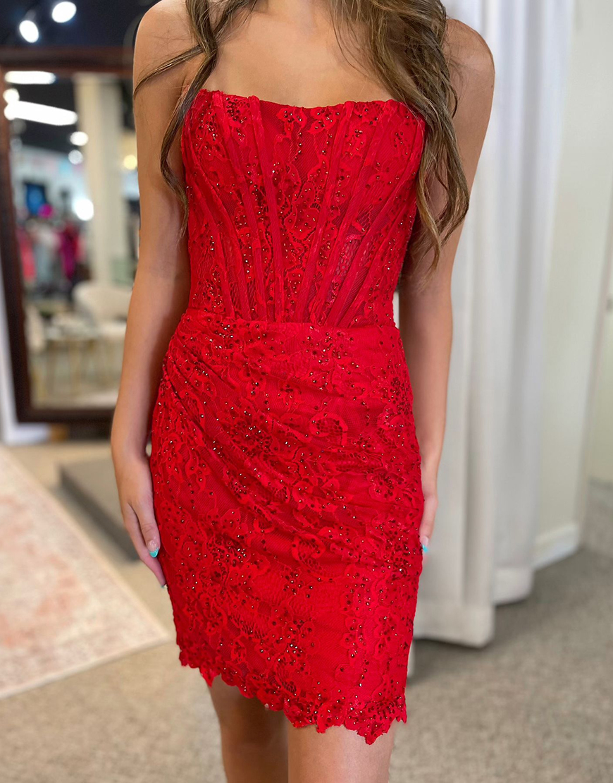 Sparkly Orange Corset Strapless Short Lace Homecoming Dress