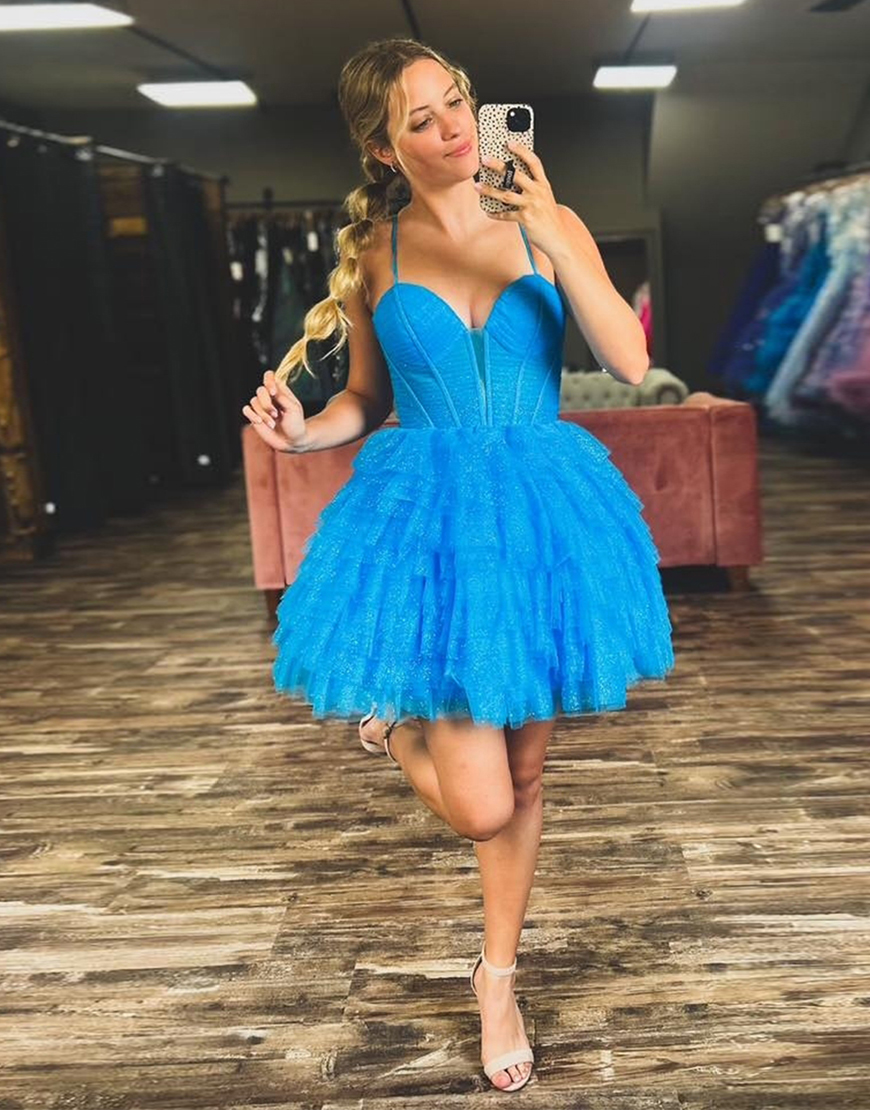Sparkly Blue A-Line Tiered Halter Tulle Homecoming Dress
