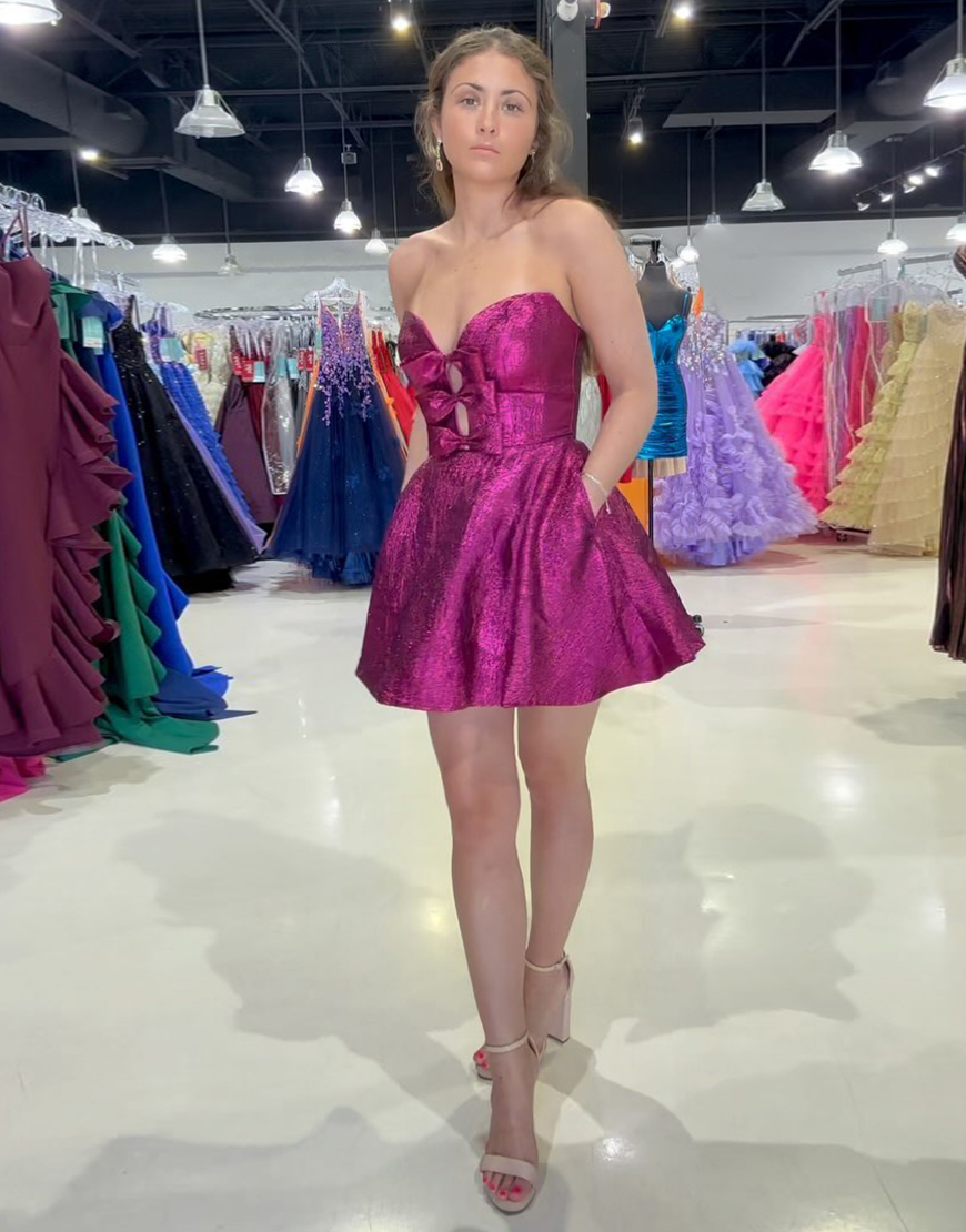 Sparkly Fuchsia A-Line Strapless Bows Homecoming Dress with Pockets