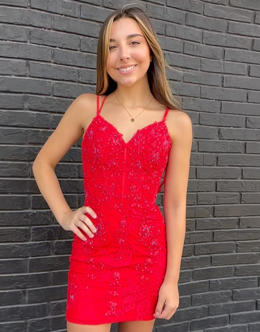 Sparkly Red Beaded Tight Homecoming Dress with Appliques