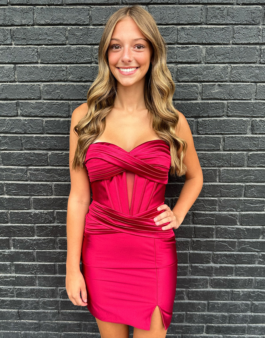 Red Tight Strapless Satin Pleating Homecoming Dress