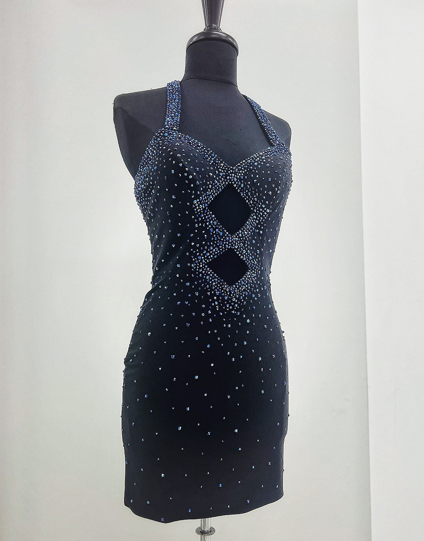 Sparkly Navy Halter Beaded Tight Homecoming Dress