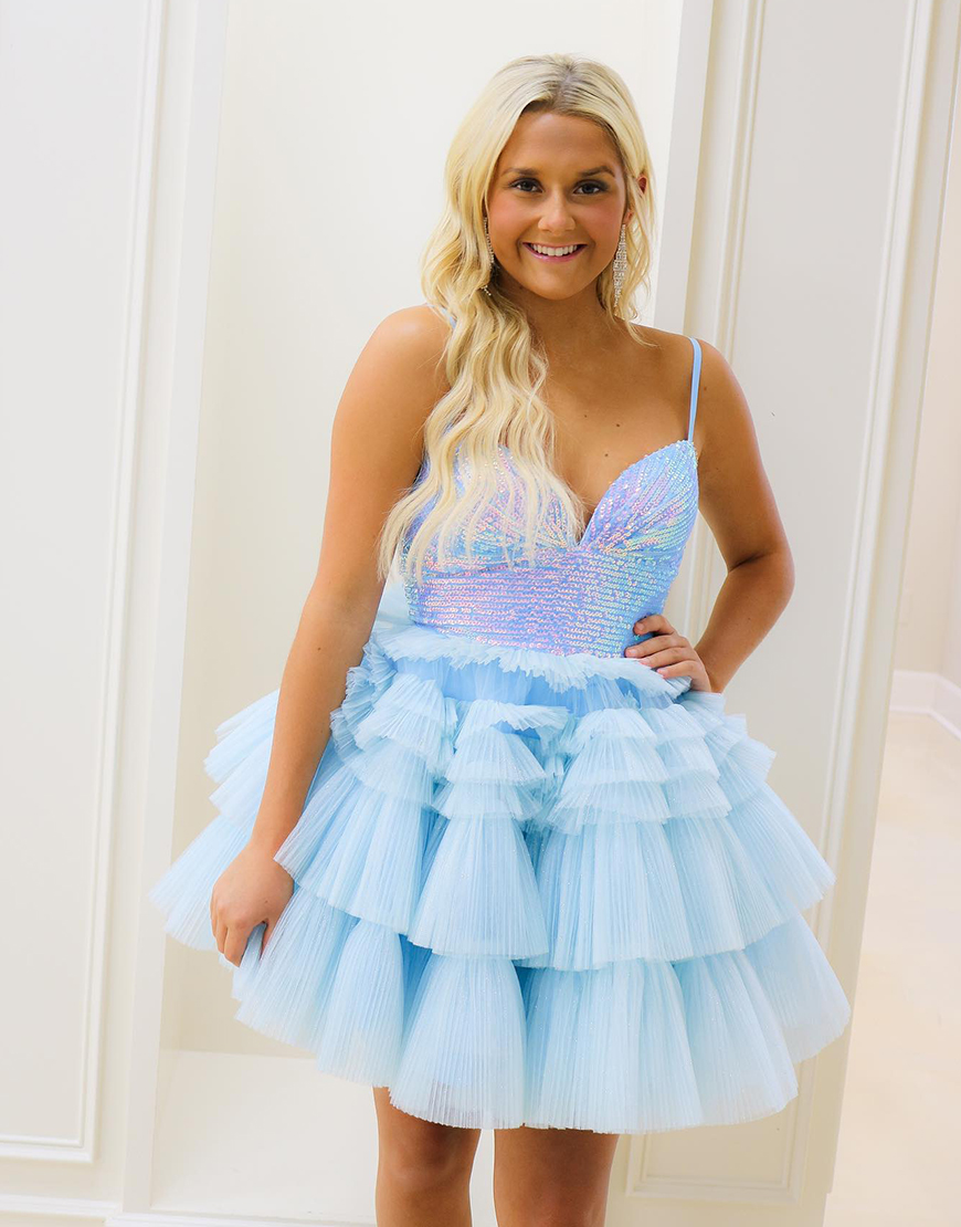 Sparkly Light Blue Sequined Top A-Line Tiered Homecoming Dress