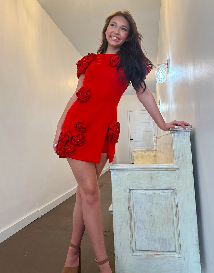 Glitter Red Tight Satin Homecoming Dress with Flowers