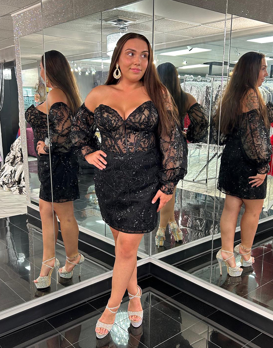 Sparkly Black Beaded Appliques Tight Homecoming Dress with Detachable Sleeves