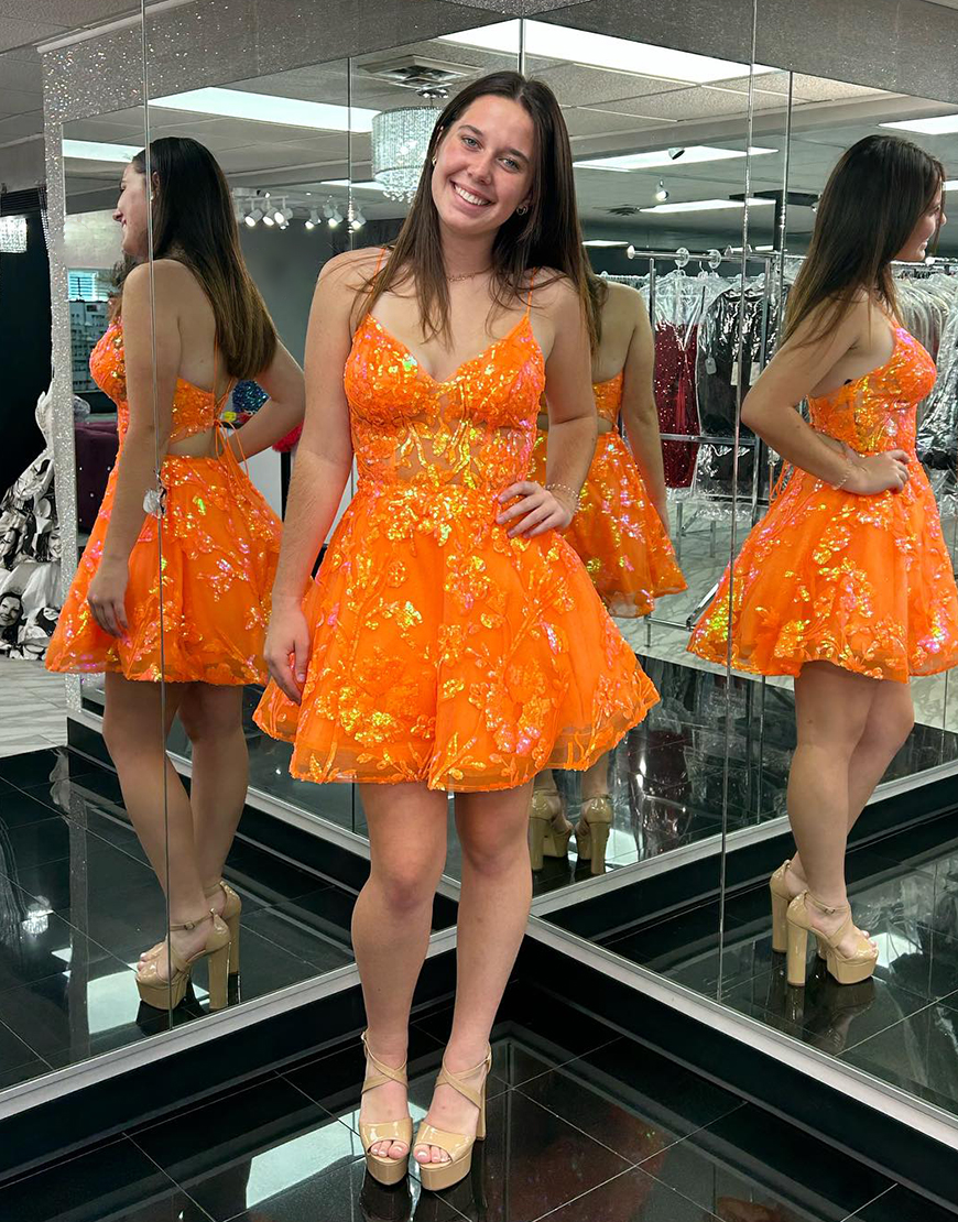 Sparkly Orange Sequined A-line Tulle Homecoming Dress