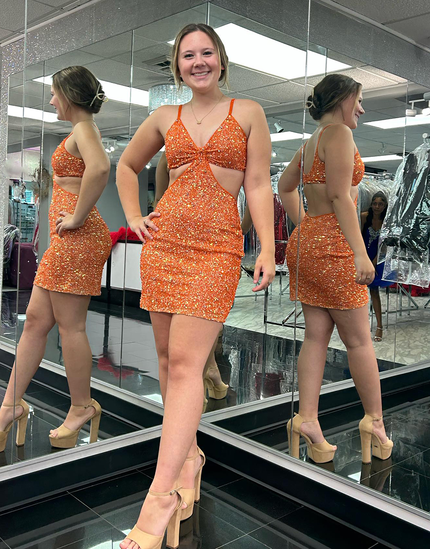 Sparkly Orange Sequins Spaghetti Straps Tight Homecoming Dress