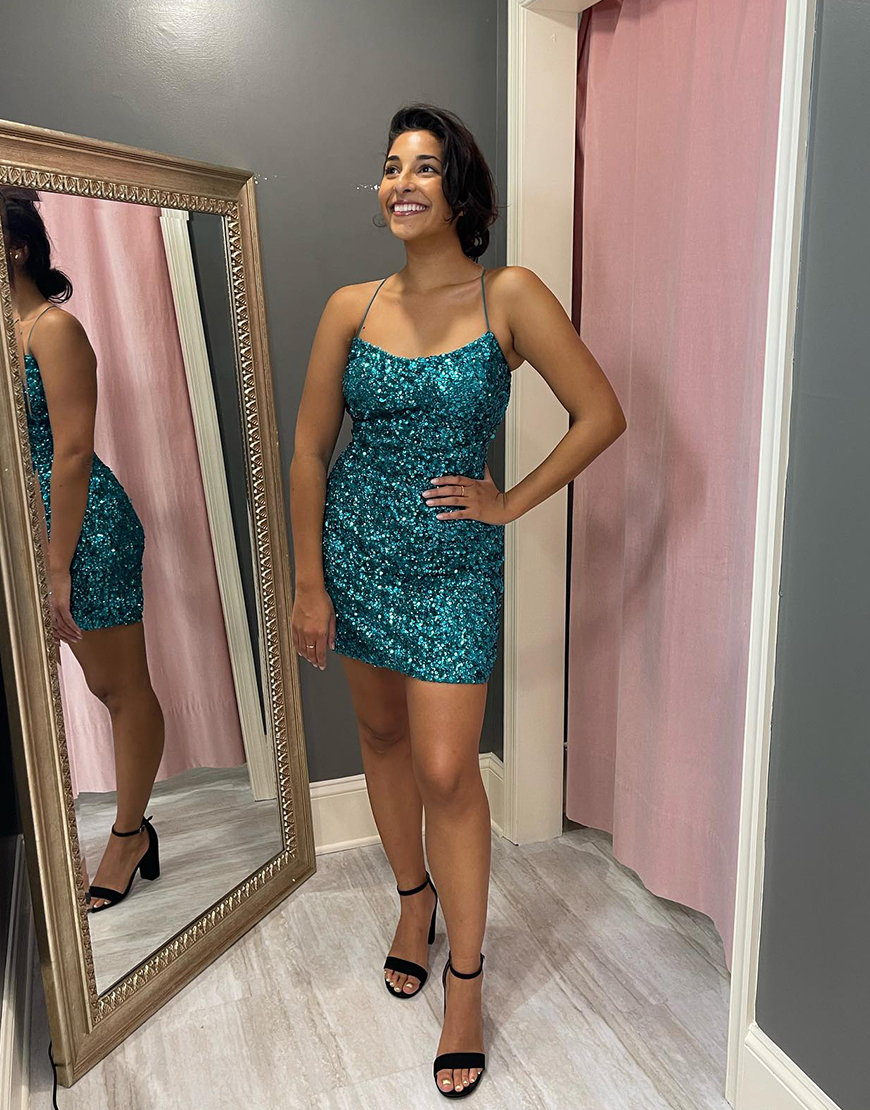 Sparkly Turquoise Sequins Tight Lace Up Back Homecoming Dress