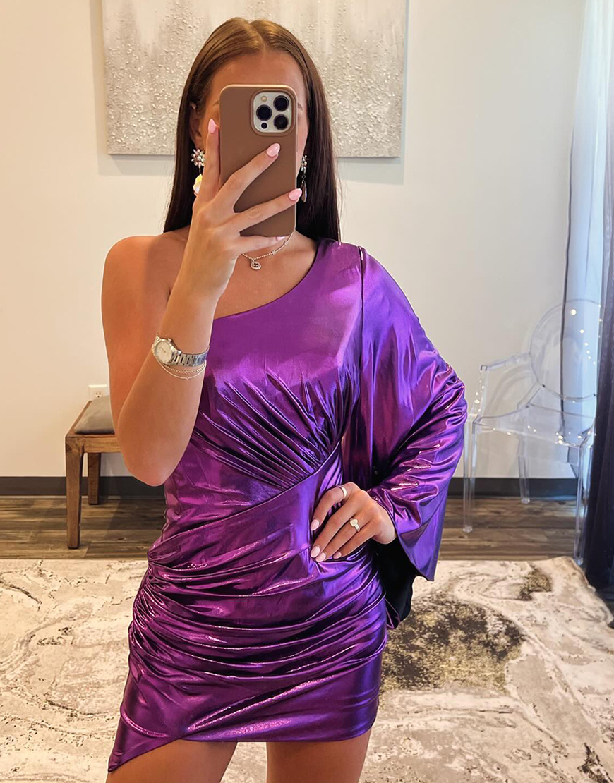 Metallic Purple One Shoulder Long Sleeve Tight Homecoming Dress