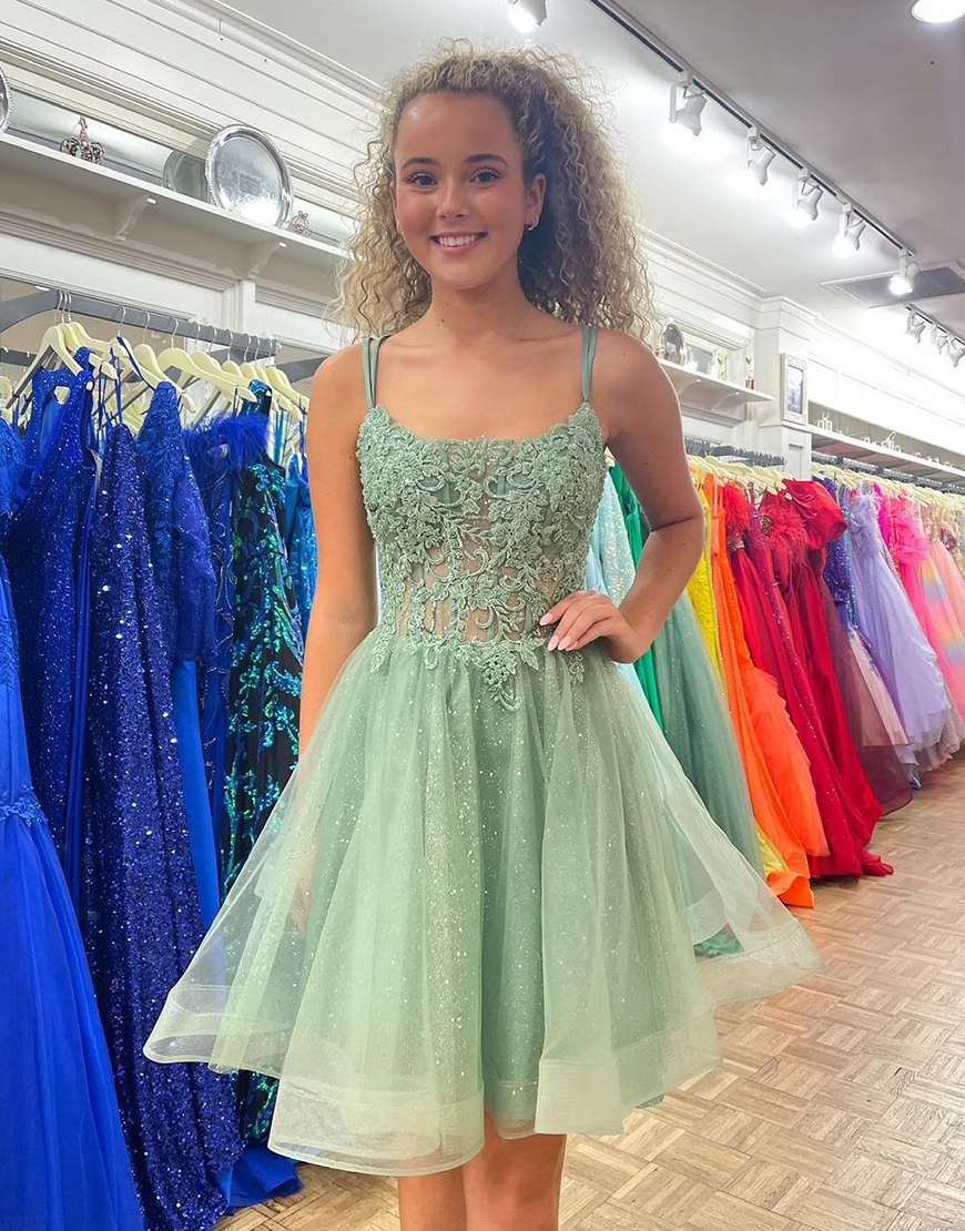 Sparkly Mint A-Line Tulle Homecoming Dress with Appliques