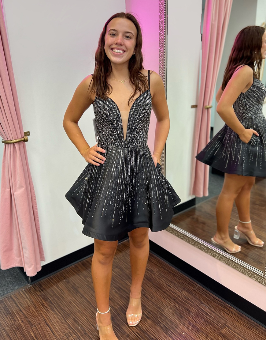 Sparkly Black A-Line Beaded Satin Homecoming Dress