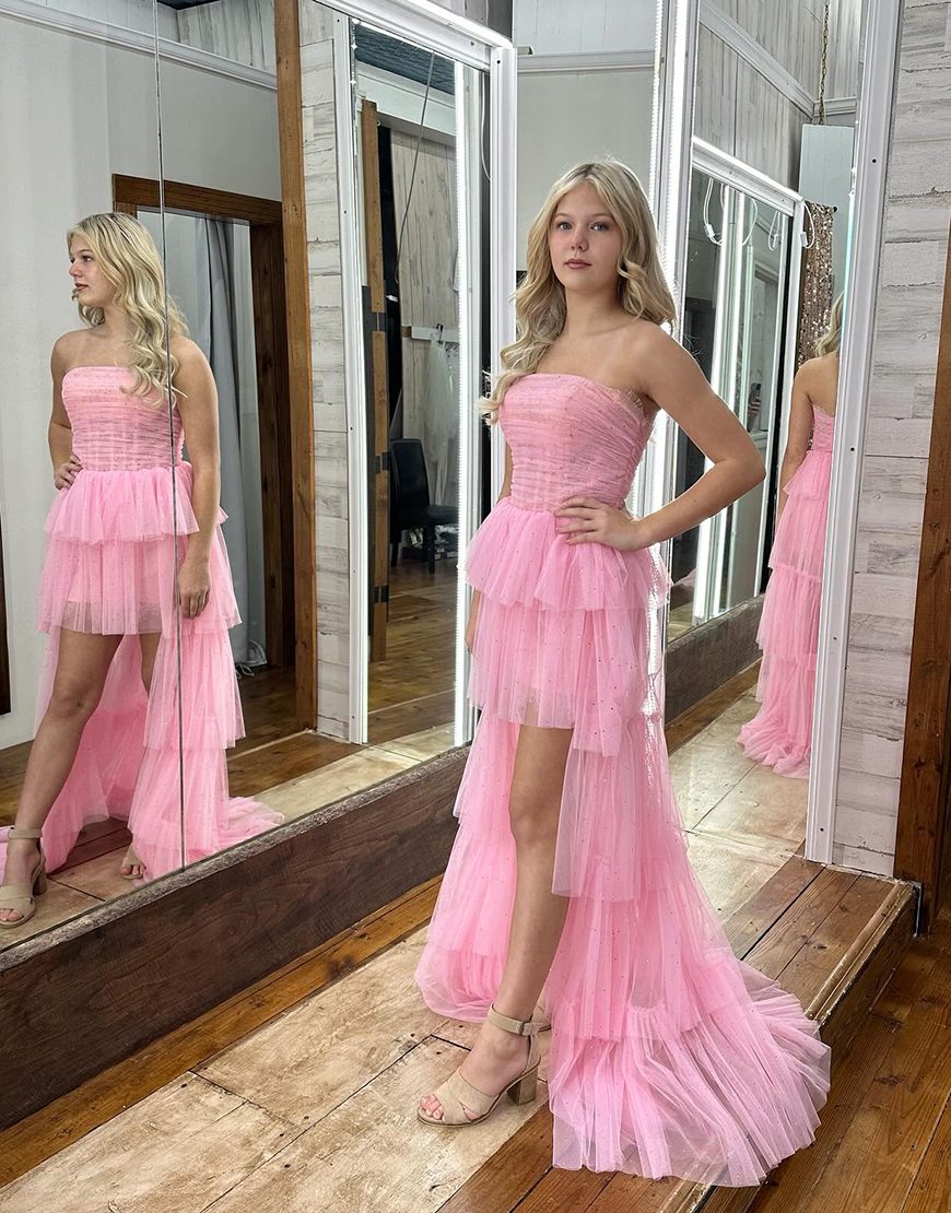 Sparkly Pink High-Low Tiered Strapless Homecoming Dress 