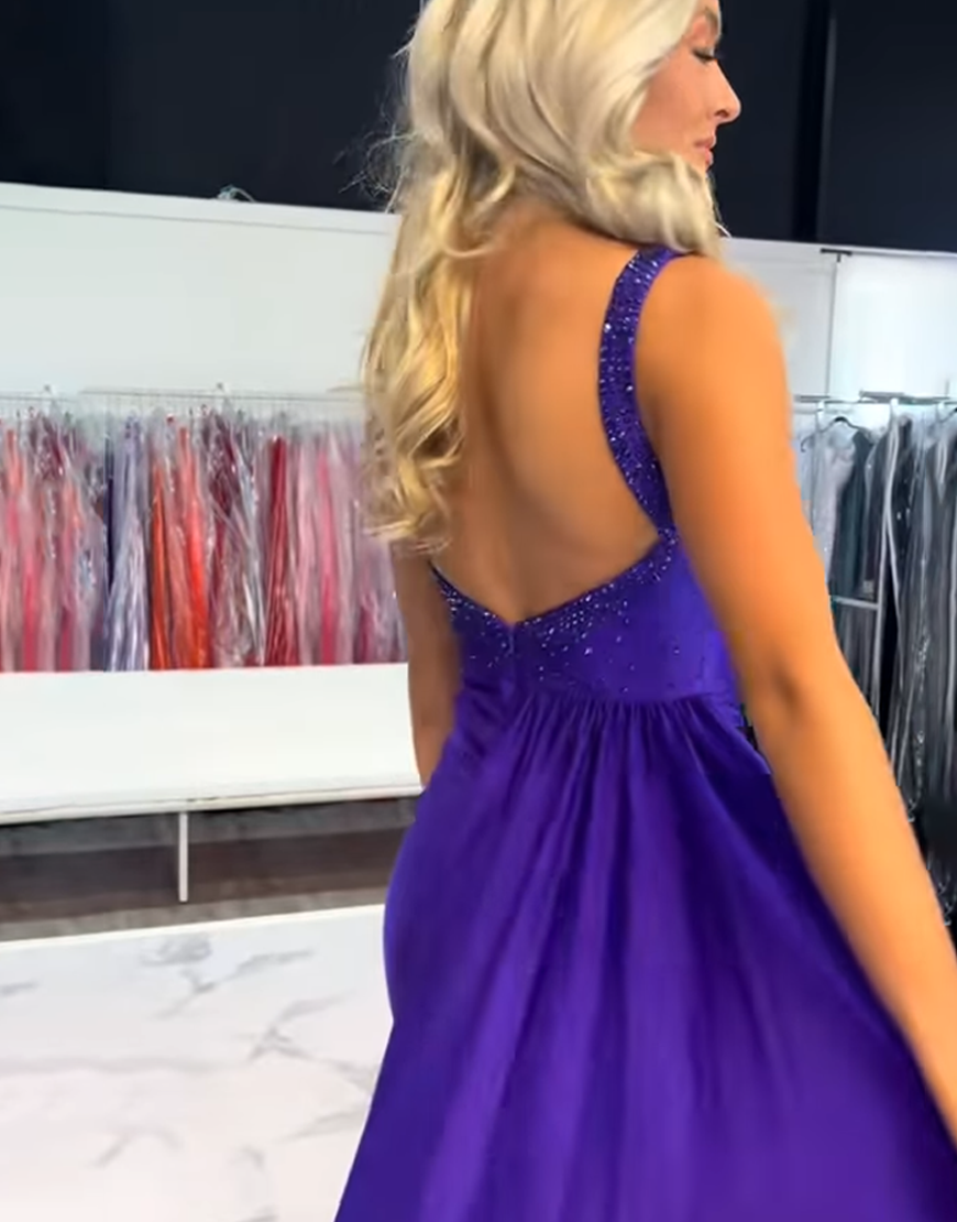 Sparkly Purple Beaded Tight Satin Homecoming Dress with Train