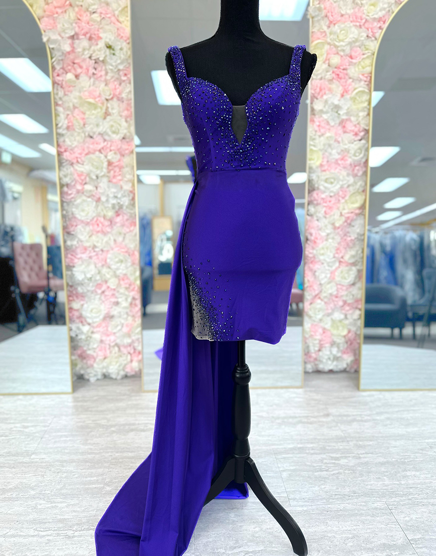 Sparkly Royal Blue Beaded Tight Satin Homecoming Dress with Train