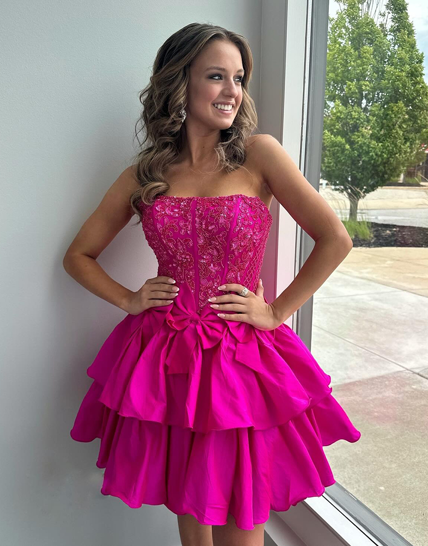 Sparly Fuchsia A-Line Ruffled Strapless Short Corset Homecoming Dress with Bows
