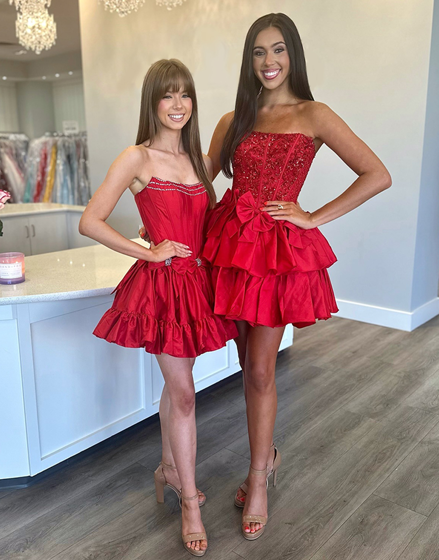 Sparly Fuchsia A-Line Tiered Strapless Corset Homecoming Dress with Bows