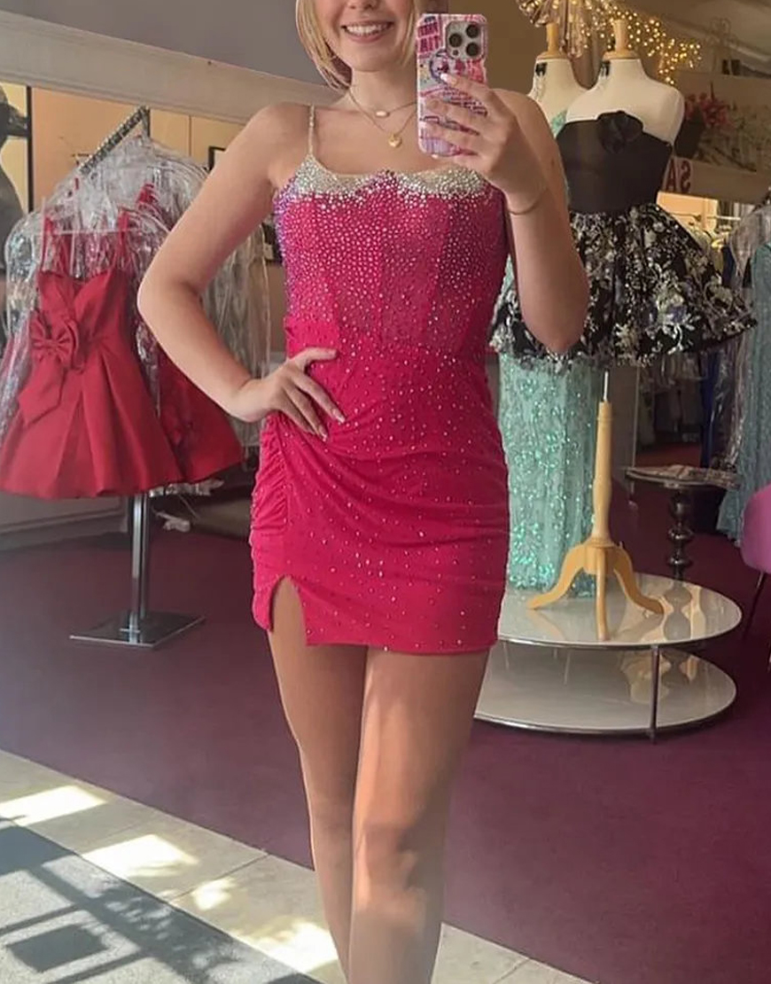 Sparkly Black Spaghetti Straps Tight Beaded Short Homecoming Dress